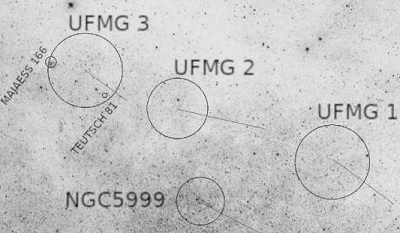 De 3 nyopdagede stjernehober UFMG1, UFMG2 og UFMG3 med NGC5999 øv. tv. De 3 nyopdagede stjernehober UFMG1, UFMG2 og UFMG3 med NGC5999 øv. tv.