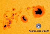 Solpletten sammenlignet med Jorden (indsat ned. th.)