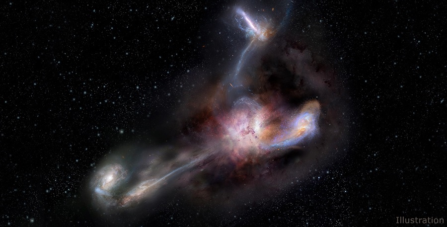 Monstergalaksen WISE J224607.55-052634.9, æder 3 nabo dværggalakser
