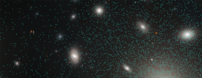 Kuglehobe fordelt i om  omkring galakserne i Koma-galaksehoben