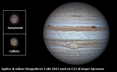 Jupiter og 2 af dens måner fortograferet 1 sept 2011 af Jesper Sørensen, www.astrofoto.dk