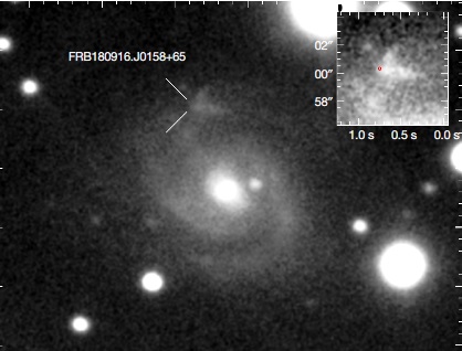 Fast Radio Burst FRB180916.J0158+65 og dens placering i værtsgalaksen Fast Radio Burst FRB180916.J0158+65 og dens placering i værtsgalaksen