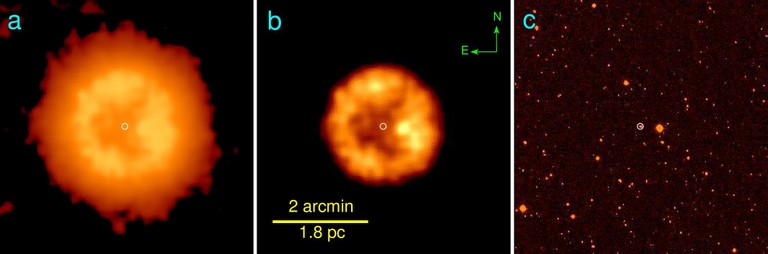Stjernetågen om J005311 i dybt infrarødt (tv), infrarødt og visuelt (th)