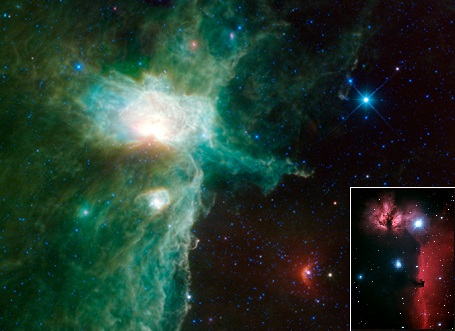 Infrarødt billede af Hestehovedtågen og flamme-nebulaen
