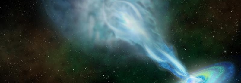 Quasaren PSO J352.4034–15.3373 og dens radio-jets (kunstnerisk gengivelser)