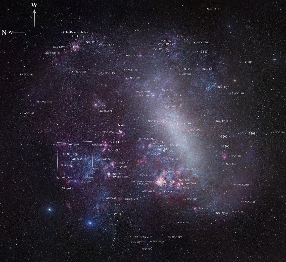 Den store magellanske sky (LMC) med dens mange deep sky objekter