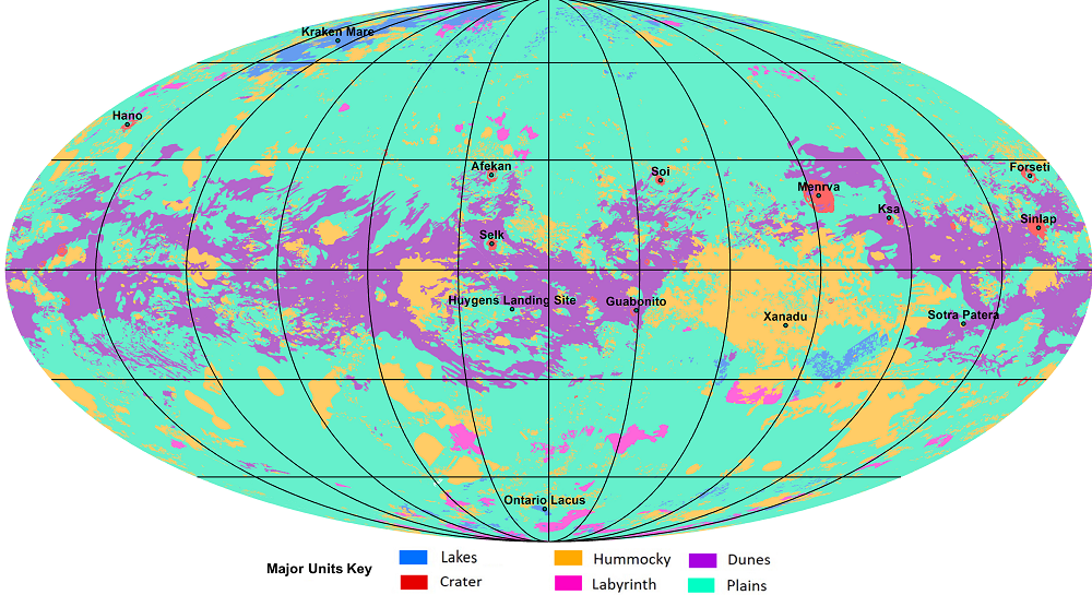 Geologisk kort over Titan, baseret på radar- og infrarøde observationer fra Cassinisonden 2004-2016