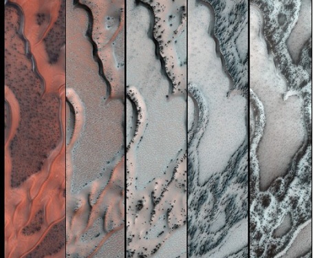 Isdækkede sand-klitter på Mars