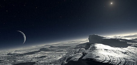 Plutos overfalde med Triton og Solen på himlen Plutos overfalde med Triton og Solen på himlen